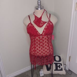 Sheer Heart-Print Ladies Babydoll with Detachable Garter Belt Set